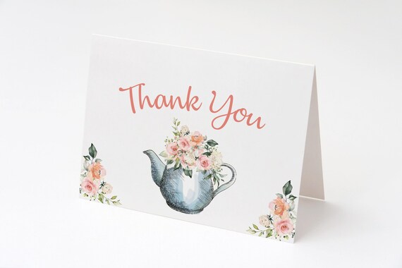 INSTANT DOWNLOAD - Thank You Card , Teapot Floral, Printable Thank You Card, Pink Roses Thanks, Baby Shower, Bridal Shower, Folded Card