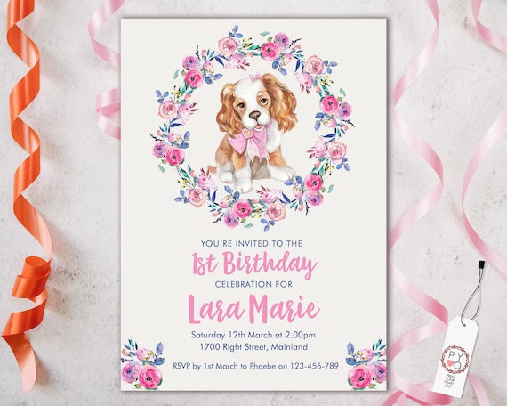 Pink Puppy 1st Birthday Invitation Printable Template, Editable Invitation, Any Age Birthday, Cavalier King Charles Party, Girls Birthday