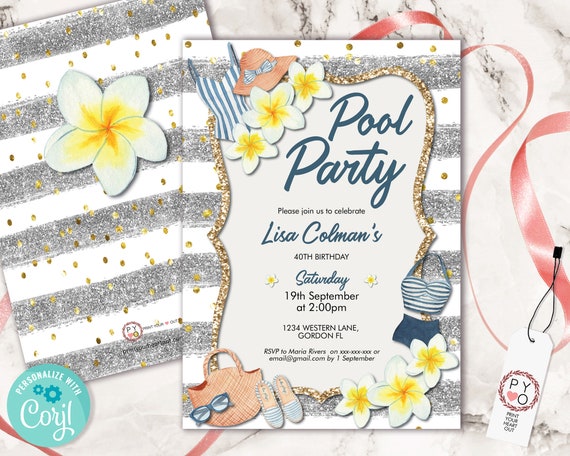 Frangipani Pool Party Birthday Invitation, Modern Lunch Brunch BBQ Invite, Printable Backyard Party, Tropical Editable Template, Nautical