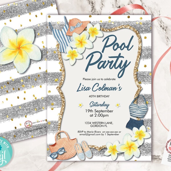 Faire-part d'anniversaire à la piscine et à la piscine à la frangipanier, invitation moderne pour le déjeuner brunch, barbecue, fête d'arrière-cour imprimable, modèle modifiable tropical, nautique