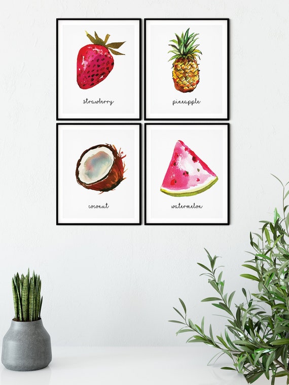 Tropical Fruit Art Print Set | Printable Fruit Art | Tropical Art Print | Watermelon Wall Art | DIY Kitchen Wall Art | Digital Set 4 Prints