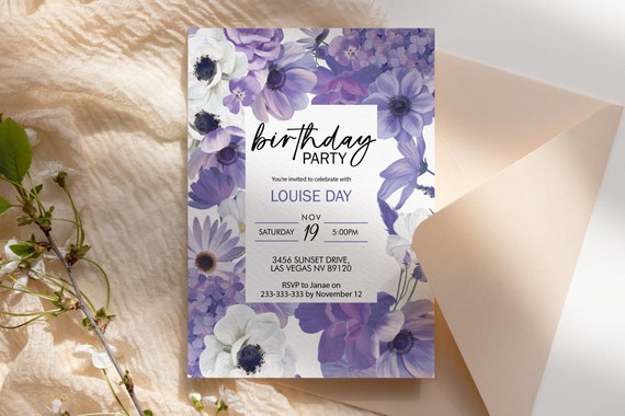 Purple Lavender Floral Birthday Invitation, Mauve Bouquet, Printable Dinner Party, Editable Template Women, Lilac Orchids Hydrangea Invite