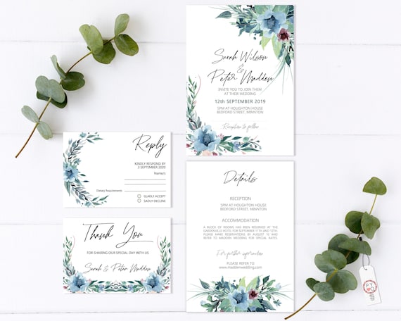 Blue Floral Wedding Invitation Set, Pastel Theme Suite, Rehearsal Invitation, Watercolor Pale Blue Invitation, Printable, Editable Template