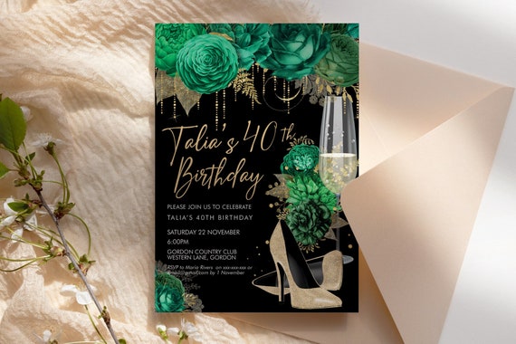 Emerald Green Glitter Stiletto Champagne Birthday Invitation Printable Template Gold Shoes Editable Party Dinner Women, Any Age Heels Invite