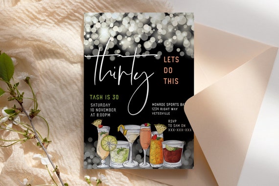 30 Lets Do This Cocktails Birthday Invitation Printable Template, Sparkle Birthday Party Invitation Women, Printable white lights Invite