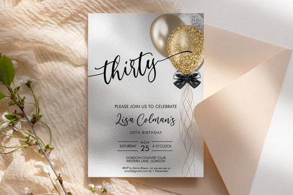 DIY Any Age Birthday Gold Silver Glitter Invitation Printable Template, White Foil Editable Birthday Party Invitation for Women, Balloons