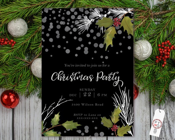 Holly Snow Holiday Celebration Dinner Invitation, DIY Christmas Party Invitation, Black White Invite, Friends Family Xmas Party at Home