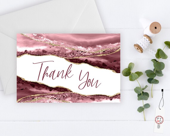 Blush Gold Agate Thank You Card, Glitter Crystal Thank You, Printable Thank Yous Card, Bridal Shower Thank You, Thanks Wedding, Burgundy