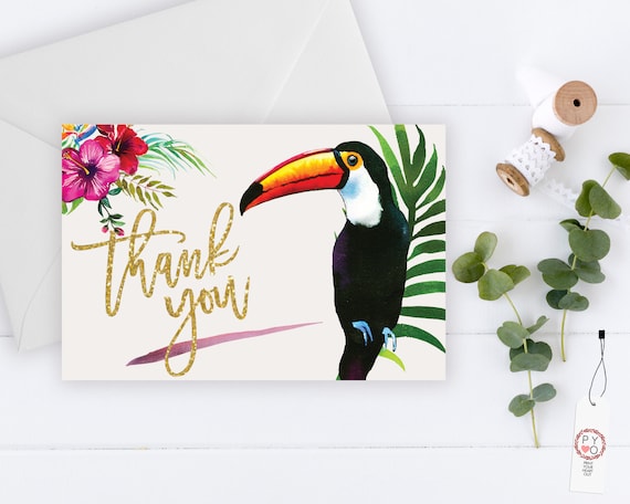 INSTANT DOWNLOAD - Thank You Card, Gold Glitter Toucan, Summer Spring, Pink Hibiscus, Tropical Thank You, Printable Thank You Card, Birds