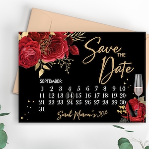 Roter Glitzer-Schuhkalender Sparen Sie unser Datum, Elegante Sparen Sie das Datum, druckbare goldene Blumendatumskarte, glamouröser Datumsretter Digital Save Date