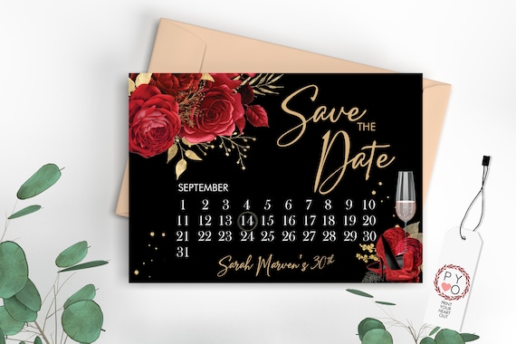 Red Glitter Shoes Calendar Save Our Date, Elegant Save the Date, Printable Floral Gold Date Card, Glamorous Date Saver Digital Save Date