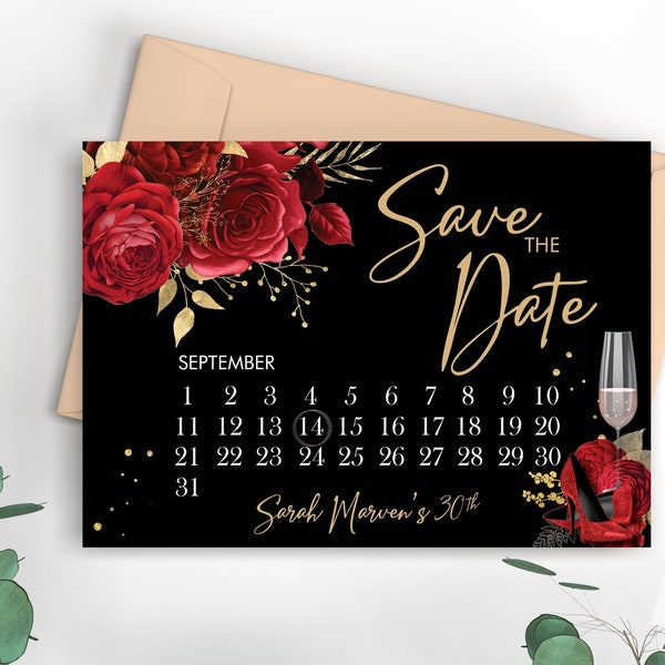 Red Glitter Shoes Calendar Save Our Date, Elegant Save the Date, Printable Floral Gold Date Card, Glamorous Date Saver Digital Save Date