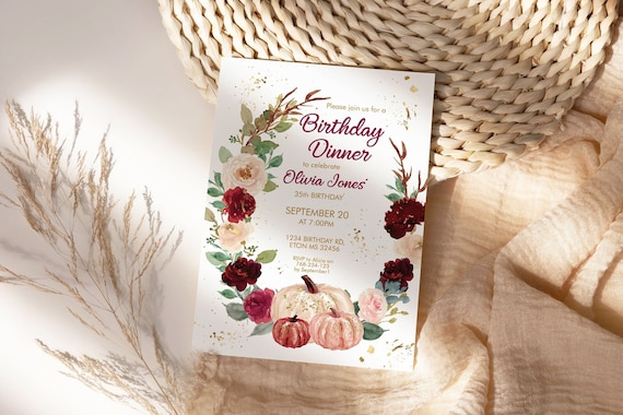 Fall Pumpkins Burgundy Floral Birthday Invitation,  Autumn Leaves Invitation, Printable Flowers Dinner Party, Editable Template for Women