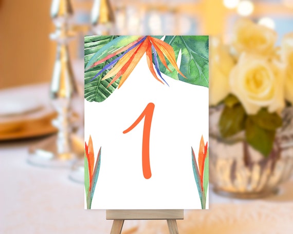 Bird of Paradise Table Number, Greenery Wedding Sign, Botanical Wedding Table Number, Table Sign, Tropical Table Number, Orange Green Number