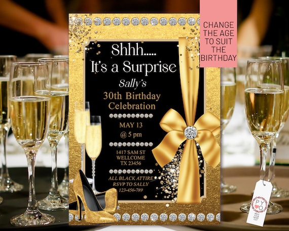 Gold Glitter Foil Birthday Bows Heels Champagne Invitation Printable Template, Editable Surprise Birthday Party Invitation, Printable Card