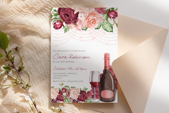 Red Rose Wine Floral Birthday Invitation Printable Template, Burgundy Fall Flowers Editable Party Invite for Women, Drink Dinner Party  Card
