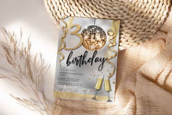 DIY Any Age Birthday Gold Glitter Disco Ball Invitation Printable Template, Silver Glam Mirror 80s Retro Dinner Drinks Party Invite Women