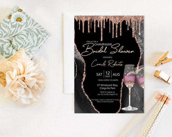 Champagne Rose Gold Bridal Shower Invitation, Glam Shower Invitation, Printable Bridal Shower, Editable Template, Pink Champagne