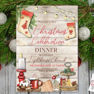 May include: A Christmas Celebration Dinner invitation with a rustic design. The invitation features festive elements like stockings, a candle, and a mug. The text reads "Christmas Celebration Dinner" and includes event details.
