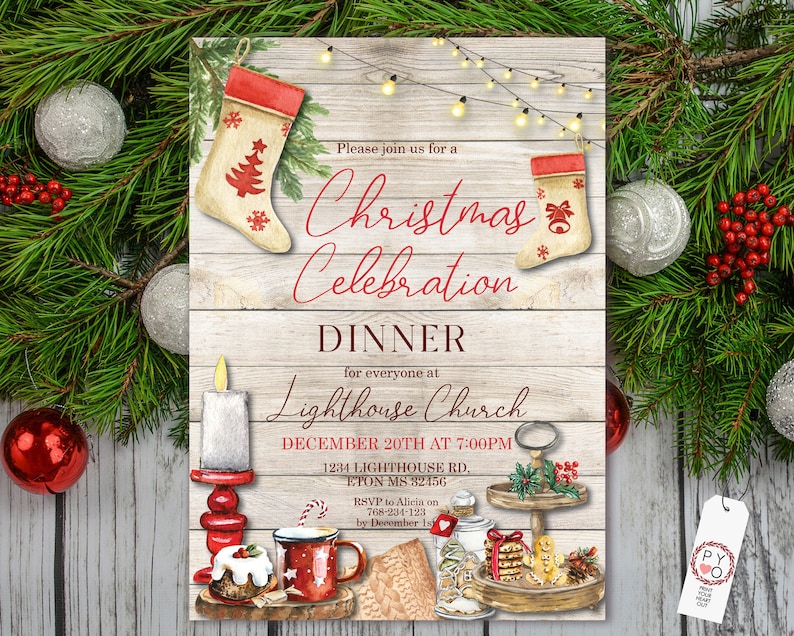May include: A Christmas Celebration Dinner invitation with a rustic design. The invitation features festive elements like stockings, a candle, and a mug. The text reads "Christmas Celebration Dinner" and includes event details.