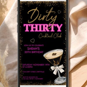 Invitation d'anniversaire martini 30 expresso sale | Rose néon et paillettes dorées | Modèle modifiable pour cocktail } Boissons, ambiance nocturne | image 3
