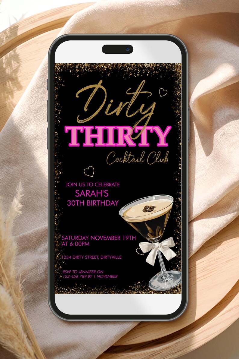 Invitation d'anniversaire martini 30 expresso sale | Rose néon et paillettes dorées | Modèle modifiable pour cocktail } Boissons, ambiance nocturne | image 3