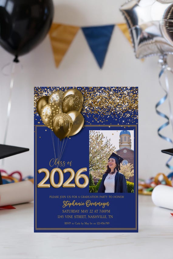 Class of 2026 Graduation Invitation, Blue Gold Grad Party Template, Photo Celebration Invite, Editable Senior Announcement
