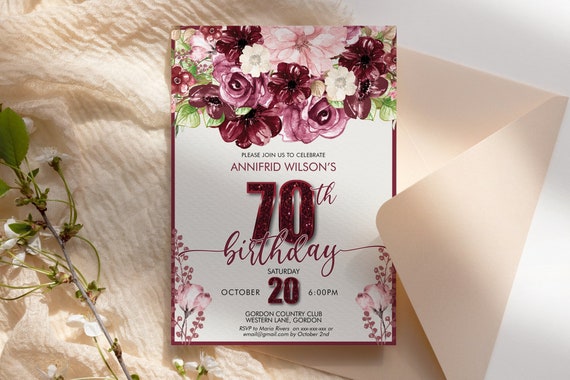 Any Age Birthday Burgundy Fall Floral Invitation Printable Template, Glitter Number, 50th, 60th, 70th, 80th, 90th, 100th, Invite for Women