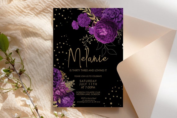 Purple Gold Glitter Floral Birthday Invitation Printable Template, Lavender Flower Editable Party Dinner Women, Bright Any Age Black Invite