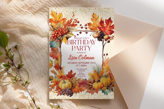 Fall Pumpkins Orange Leaves Berries Birthday Invitation, Autumn Gold Glitter, Printable Dinner Party, Editable Template Women, Rust Foliage