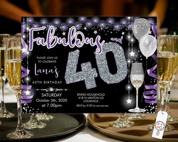 Purple Silver Champagne 40 Birthday Invitation Printable Template, Sparkle Birthday Party Invitation Women, Printable silver lights Invite