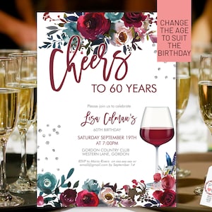 Modèle imprimable d'invitation florale de vin rouge, invitation de fête d'anniversaire modifiable rose bleu bourgogne femme, carte imprimable, boissons
