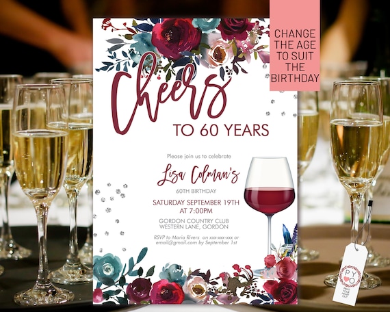 Cheer To Red Wine Floral Invitation Printable Template, Burgundy Blue Rose Editable Birthday Party Invite Women, Printable Card, Drinks