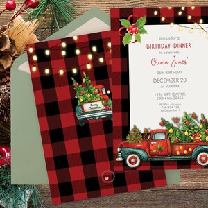 May include: Christmas-themed birthday dinner invitation featuring a red and black buffalo plaid pattern. The invitation includes a red truck carrying Christmas trees, string lights, and the text "Join us for a Birthday Dinner to celebrate Olivia Jones' 35th Birthday".