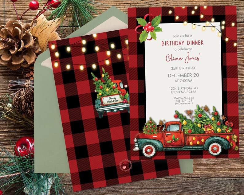 May include: Christmas-themed birthday dinner invitation featuring a red and black buffalo plaid pattern. The invitation includes a red truck carrying Christmas trees, string lights, and the text "Join us for a Birthday Dinner to celebrate Olivia Jones' 35th Birthday".