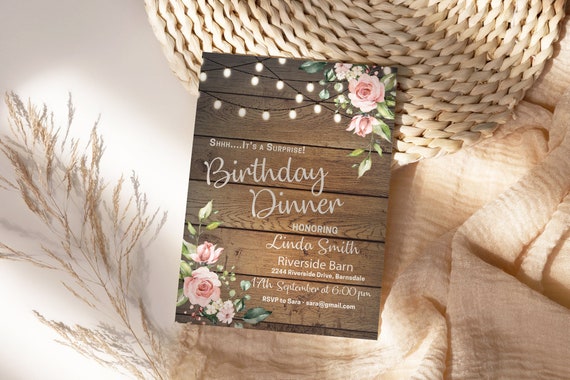 DIY Any Age Birthday Rustic Wood Pink Roses Invitation Printable Template, Editable Barn Dinner Party Invite, Country Blush Floral Lights