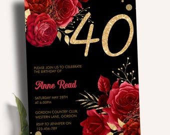 Red Floral Black Gold Glitter 40th Birthday Invitation, Glam Rose Party Invite (Digital Download)