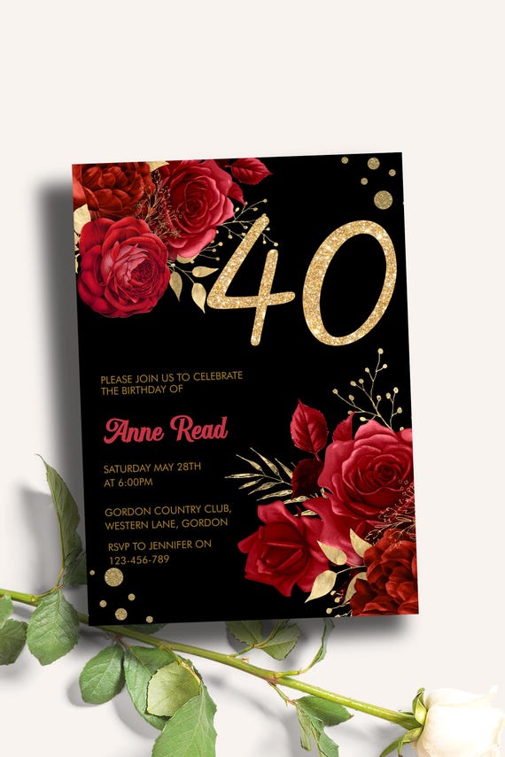 Red Floral Black Gold Glitter 40th Birthday Invitation, Glam Rose Party Invite (Digital Download)