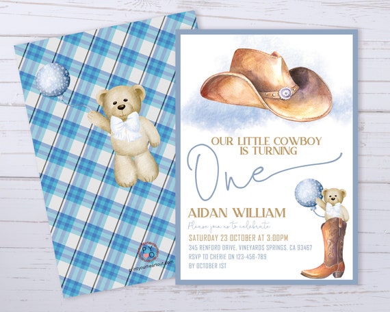 Blue Cowboy Hat Boot Teddy Balloon Birthday Boys Invitation Printable Template, One Editable, First Birthday, Watercolor Invite, Any Age