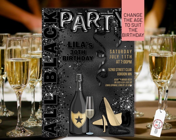 All Black Champagne Glitter Heels Birthday Party Invitation Printable Template, Elegant Sexy Shoes Drinks Cocktails Women, Printable Card