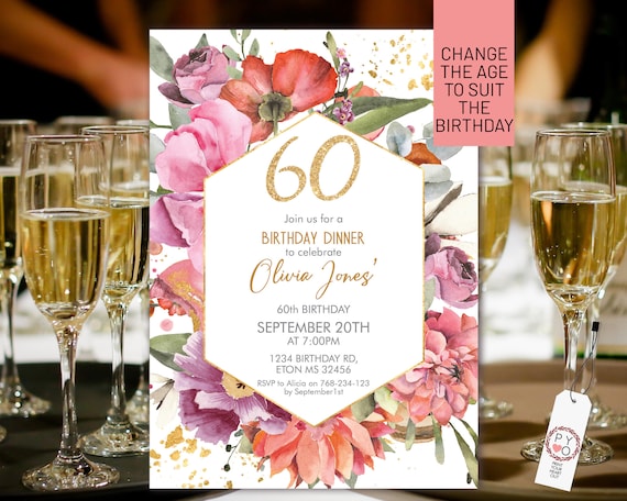 Any Age Birthday Gold Floral Glitter Invitation Printable Template, Purple Editable Flowers Women,  Bright Floral Gold Frame Dinner Invite