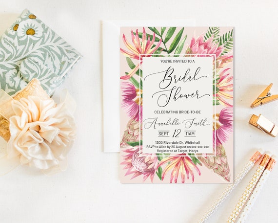Pink King Protea Floral Bridal Shower invitation, Tropical invitation,  Floral Invitation, Watercolor Pink Invitation, Printable DIY Shower