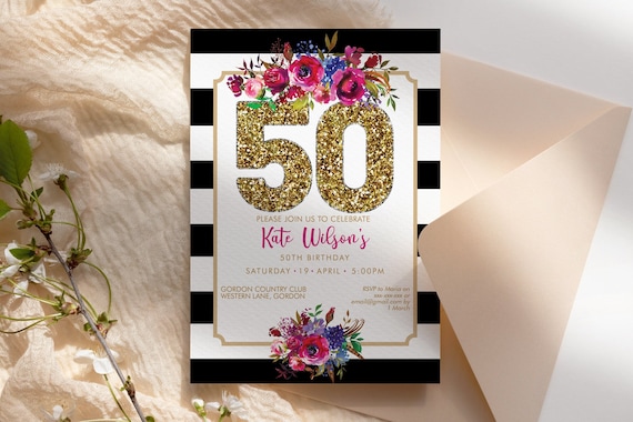 DIY 50th Birthday Floral Striped Invitation Printable Template, Black Gold Glitter Editable Birthday Party Invitation for Women, Printable