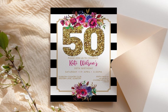 DIY 50th Birthday Floral Striped Invitation Printable Template, Black Gold Glitter Editable Birthday Party Invitation for Women, Printable