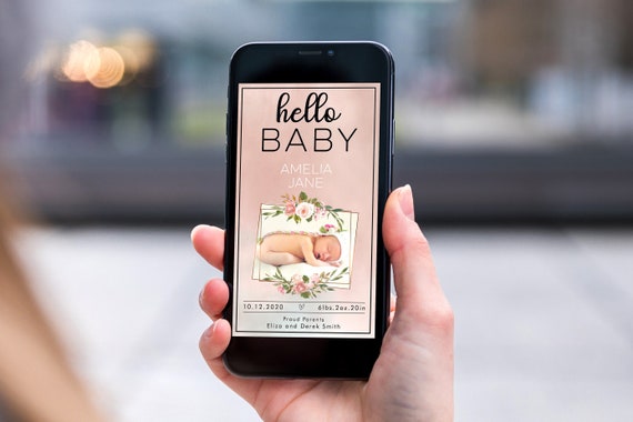 Pink Floral Rose Girl Electronic Photo Baby Announcement, Smartphone SMS Editable template, EcoFriendly, New Baby eCard, Female Baby Card