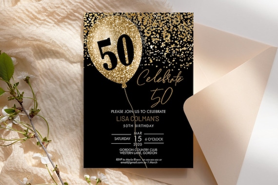 DIY 50th Birthday Balloon Invitation Printable Template, Black Gold Glitter Editable Birthday Party Invitation for Women, Printable Party