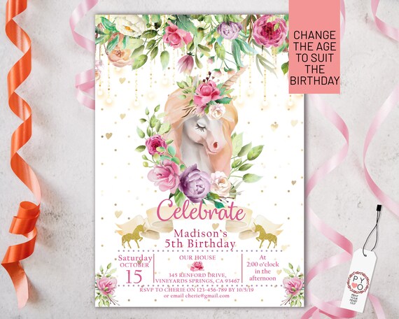 Unicorn Floral Birthday Party Invitation Printable Template, Editable Invitation, Girl Gold Age Birthday, Watercolor Unicorn, Pastel Card