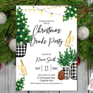 May include: Christmas Drinks Party invitation with festive illustrations. Features a Christmas tree, champagne, and string lights. The invitation is hosted by Renee Smith and includes date, time, and location details.