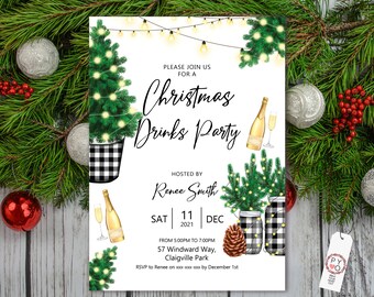 Buffalo Check Christmas Party Invitation, Champagne (Digital Download)