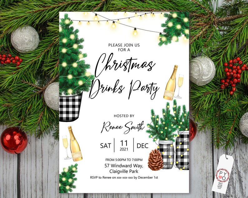 May include: Christmas Drinks Party invitation with festive illustrations. Features a Christmas tree, champagne, and string lights. The invitation is hosted by Renee Smith and includes date, time, and location details.